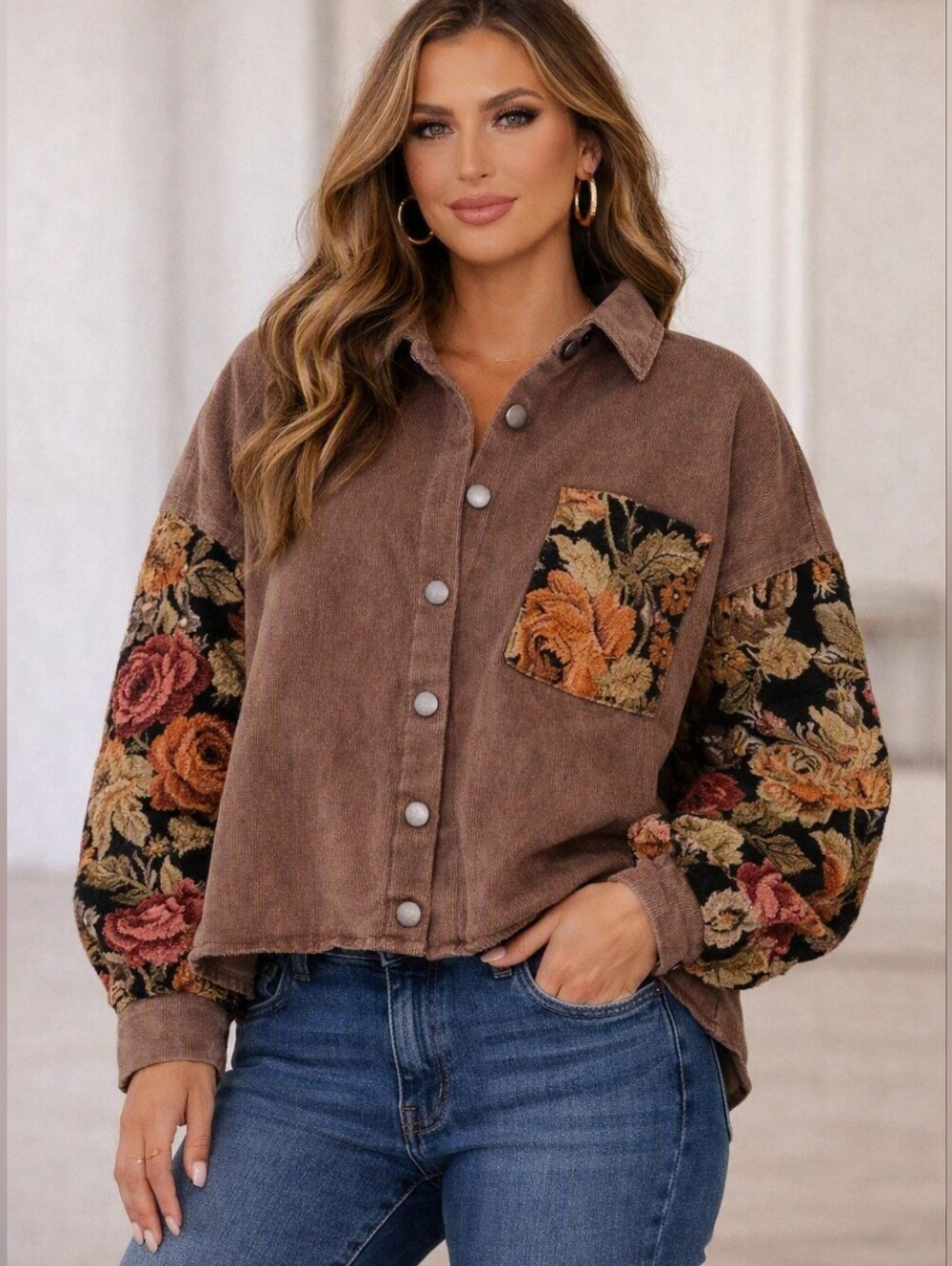 POL Brown Mocha Jacquard Brocade Floral Sleeve Corduroy Button-Front Jacket - S